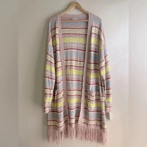 Wonderly Sweaters - Wonderly Striped Knit Fringed Cardigan Duster NWT